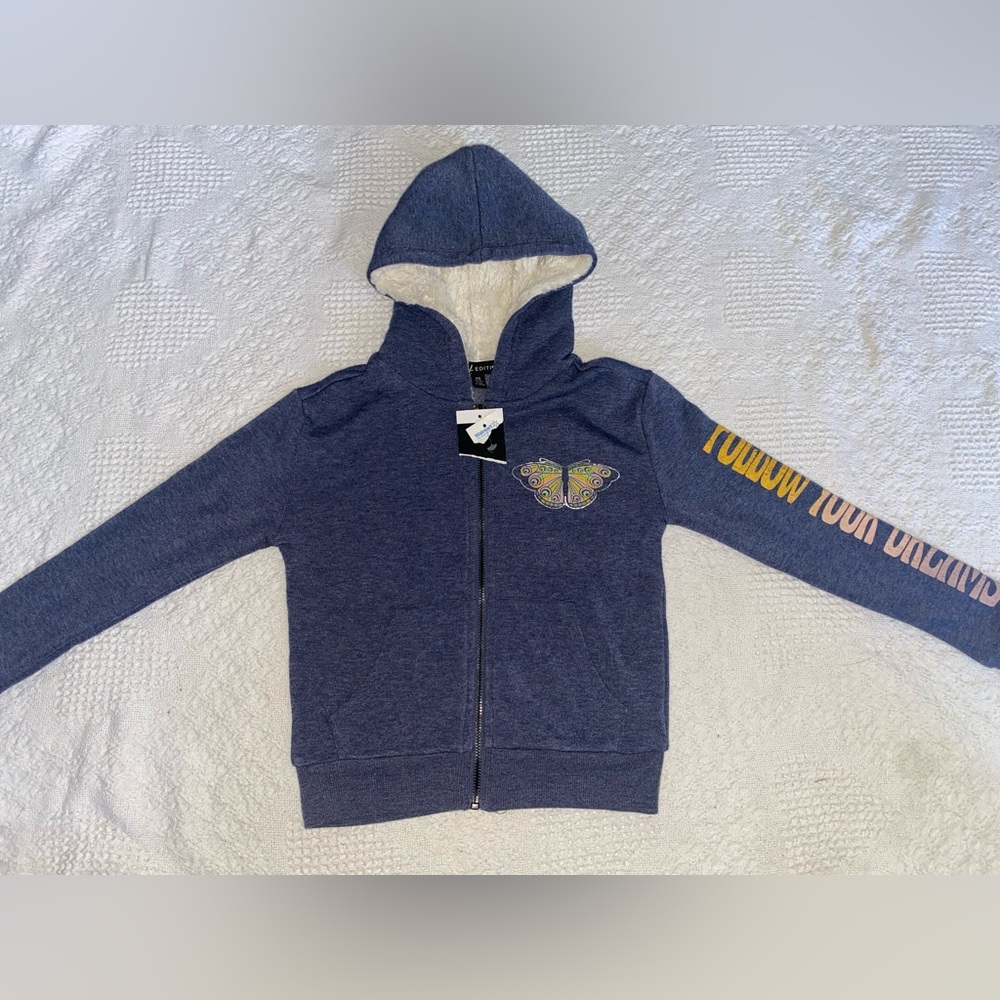 Follow Your Dreams Butterfly Full Zip Hoodie Sweatshirt Girls size 4/5 NWT Navy